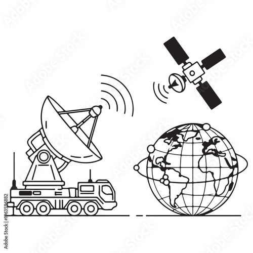 Mobile satellite communication truck and orbiting satellite transmitting data signals to Earth globe, representing global telecommunications and space technology in minimalist line art.