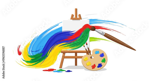 Artistic Creation: Easel, Canvas, Brush, Palette, and Rainbow Paint Strokes
