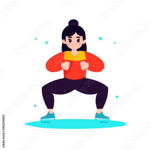 Woman Doing Squats Exercise Workout, Fitness Training. Active Lifestyle. Cartoon vector illustration of girl doing squat exercise indoor with sport outfit, fitness activity concept.