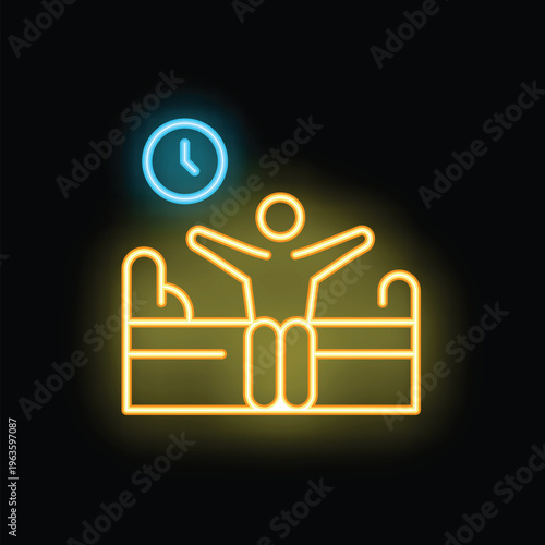 Neon icon of man stretching in bed after waking up in the morning