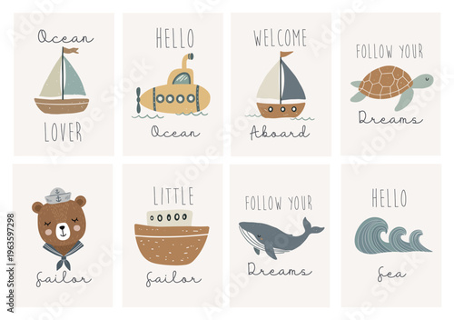 Cute posters of sea animals illustration in soft neutral palette