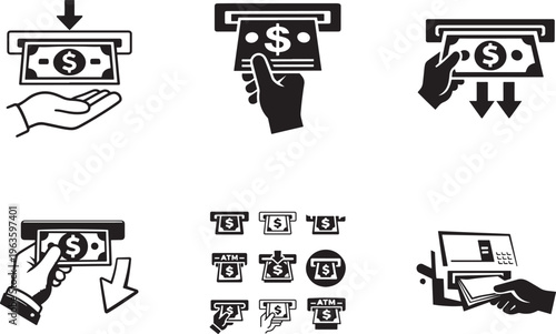 ATM cash withdrawal icon with hand taking money from machine, banking transaction finance UI set.