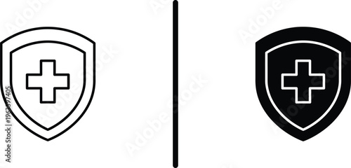 A medical shield logo with a cross symbol on a white background