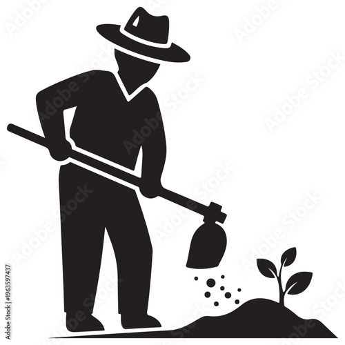 Minimalist farmer silhouette tilling soil with a hoe and planting seeds near a young sprout, representing sustainable agriculture, manual gardening, and organic food production vector icon.