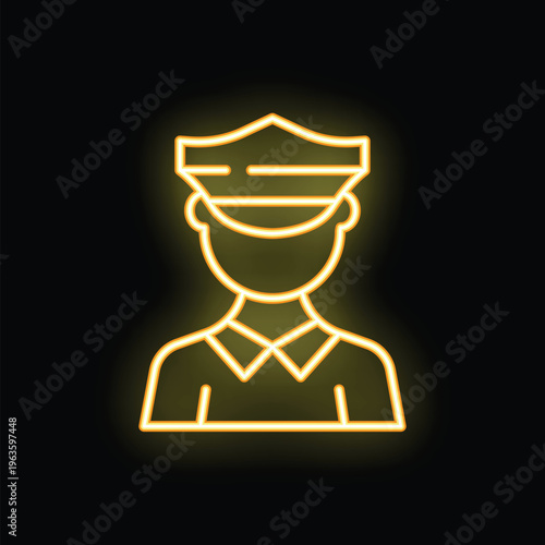 Yellow neon icon of a police officer glowing on black background