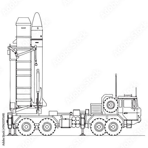 Military ballistic missile launcher truck line art standing in vertical launch position on a clean white background for coloring book or technical illustration featuring precise black outlines.