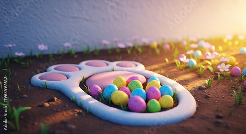 Easter bunny paw print indentation filled with colorful eggs in a garden setting at sunrise, magical spring hunt and festive holiday morning
