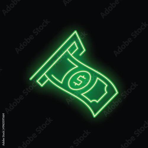 Green neon sign depicting a banknote being withdrawn from an atm on a black background