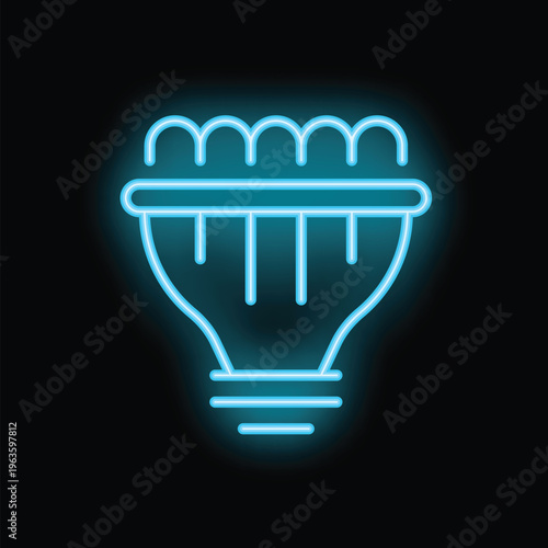 Blue neon sign shaped like a light bulb glowing on a black background