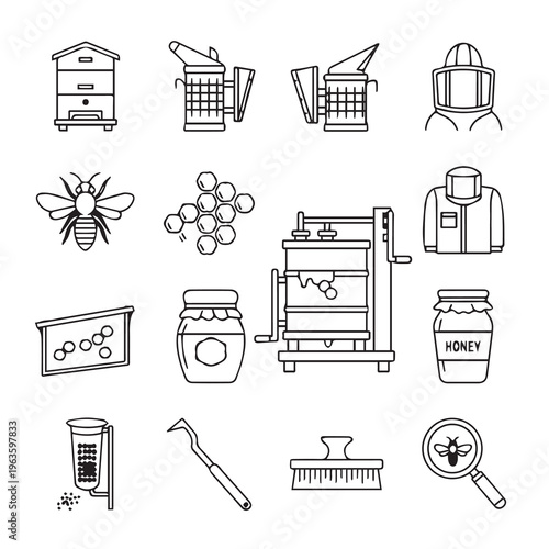 Beekeeping Equipment and Honey Production Icons: Hive Smoker Suits Tools and Honey Jars