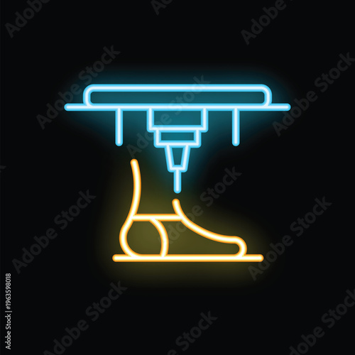 Glowing neon icon representing a concept of 3d bioprinting in medicine with a human foot prosthesis being created