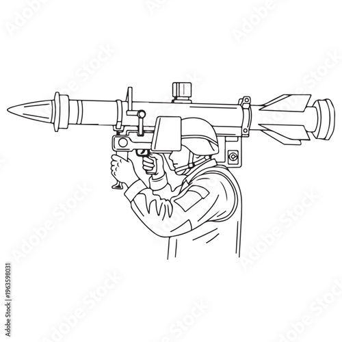 Soldier in Tactical Gear Aiming a Shoulder-Mounted Missile Launcher for Military Defense and Modern Warfare, Minimalist Black and White Line Art Illustration on White Background.