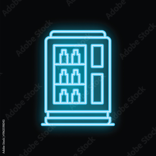 Blue glowing neon vending machine standing on a black brick wall background