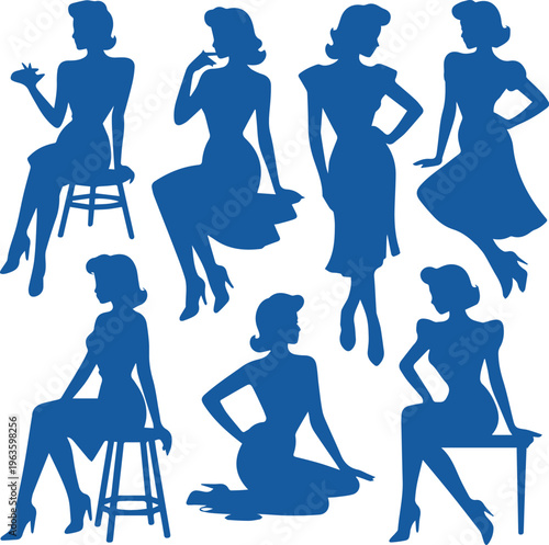 Vintage Pin-up Girl Silhouettes Set, 1950s Retro Women Fashion Poses, Mid-Century Style Female Vector Illustrations