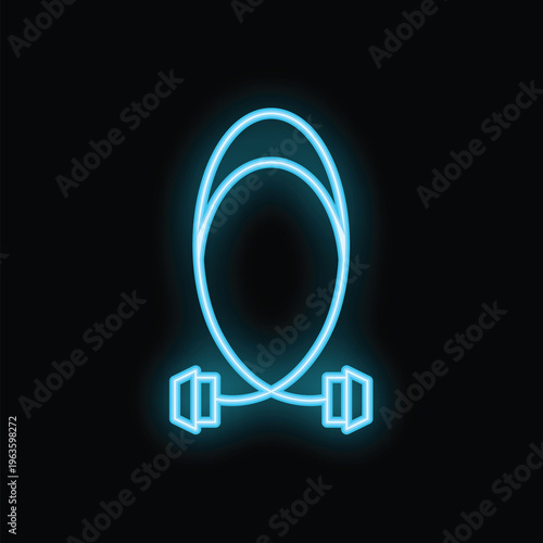 Blue neon sign of a jump rope glowing brightly on a black background