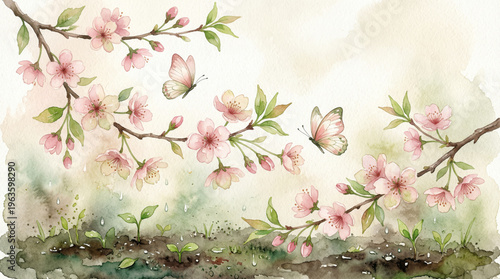 Cherry blossoms blooming with butterflies in spring watercolor