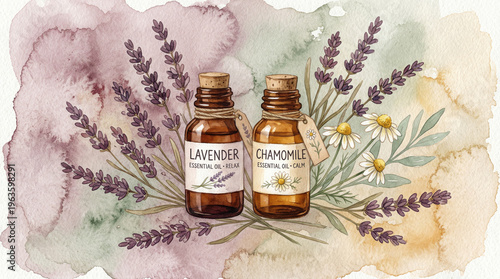 Lavender and chamomile essential oils illustration for aromatherapy