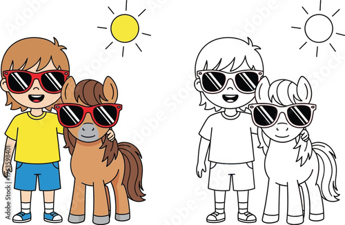 Cool Boy and Pony in Sunglasses Best Friends Summer Cartoon