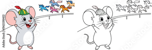 Cute Mouse Jockey Cheering at Colorful Horse Race Fun Cartoon Illustration for Kids
