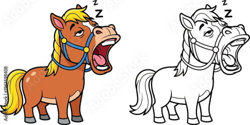 Exhausted Cartoon Horse Yawning Funny Sleepy Animal Illustration