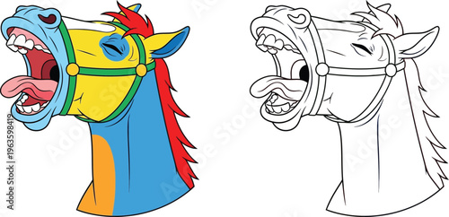 Loud Yawning Cartoon Horse Head Colorful Humorous Animal Illustration