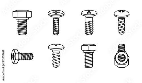 Mechanical screw bolt fastener line icons hardware vector set