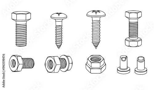 Metal screw and bolt outline icons hardware fastener vector set