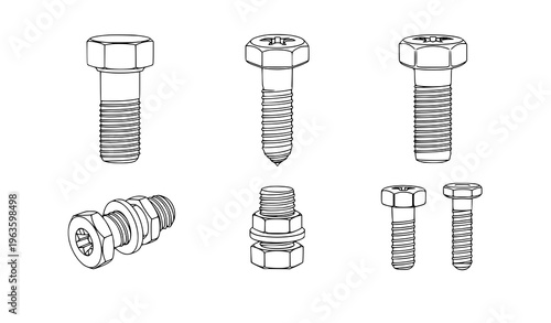 Industrial screw bolt outline hardware fastener vector icon set