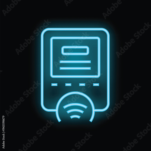 Glowing neon line pos terminal with printed reciept and contact less payment system icon isolated on black background