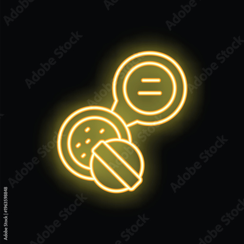 Glowing yellow neon icon of open powder compact with mirror and applicator on black brick wall background