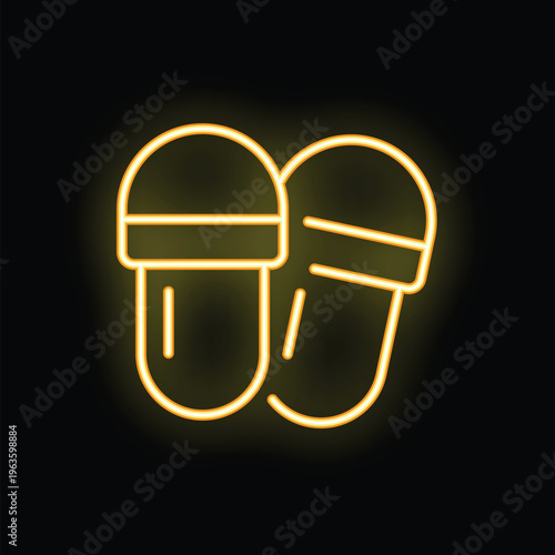 Neon icon of slippers glowing on dark background