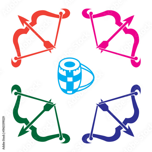 A blue bucket and four colorful bows with arrows