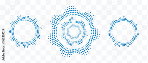 Blue Halftone Dot Circular Gear Shapes, Abstract Vector Set on Transparent Background