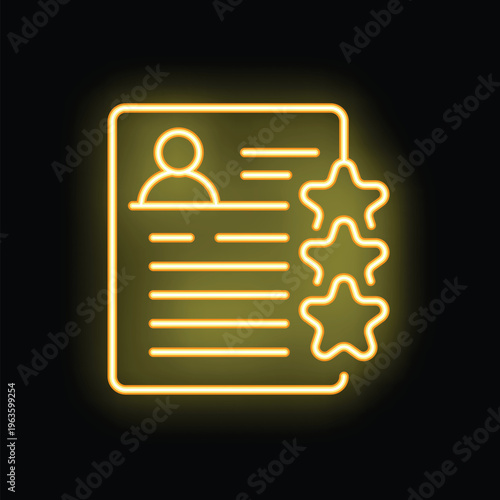 Neon glowing symbol of a cv with a five stars rating, for hr and recruitment themes