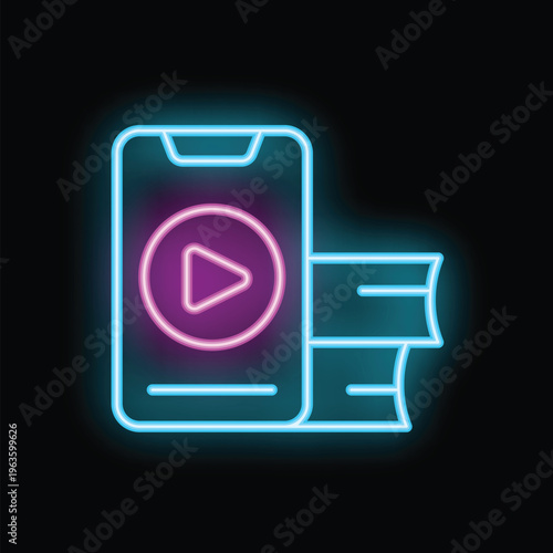 Neon sign showing a smartphone displaying a streaming service with a play button and movie tickets for an online cinema concept