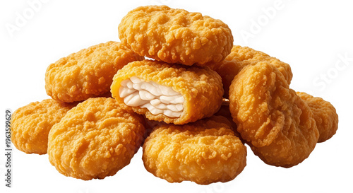 Pile of crispy chicken nuggets, one bitten, isolated on transparent background