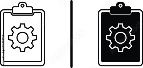 A graphic design of two clipboard icons with gear settings