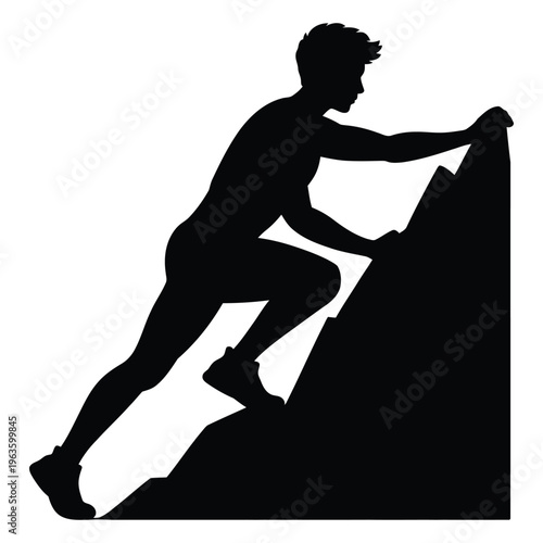 A dark silhouette of a man climbing a rocky mountain showcasing effort and determination silhouette