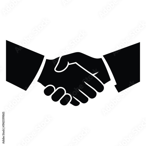 A black silhouette depiction of two hands clasping in a formal handshake gesture silhouette