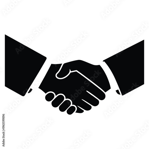 A black silhouette depiction of two hands clasping in a formal handshake gesture silhouette
