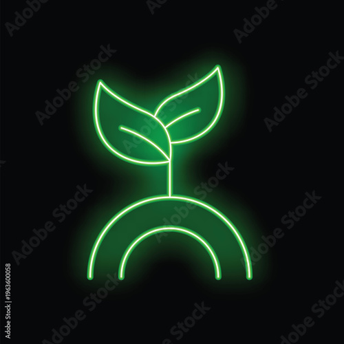 Glowing green neon sign of a plant growing on fertile soil is depicted on a black background