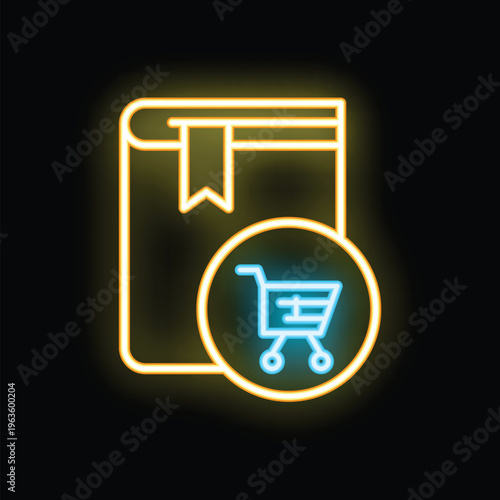 Glowing neon line icon representing a book with a shopping cart, symbolizing the concept of buying books online
