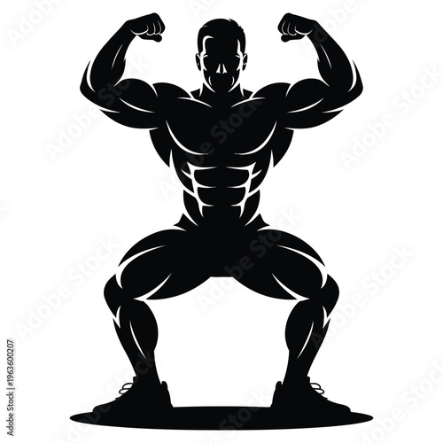 A muscular man is shown striking a pose flexing his biceps and legs silhouette