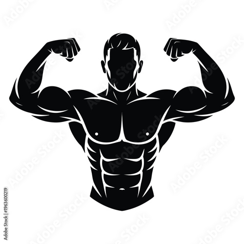 A muscular man is shown striking a pose flexing his biceps and legs silhouette