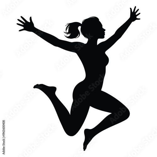 A triumphant woman leaps joyfully in the air arms raised in a victorious pose silhouette