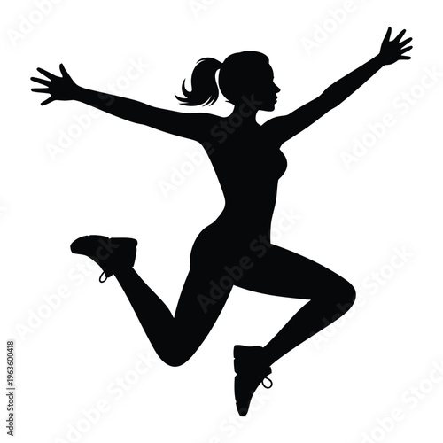 A triumphant woman leaps joyfully in the air arms raised in a victorious pose silhouette