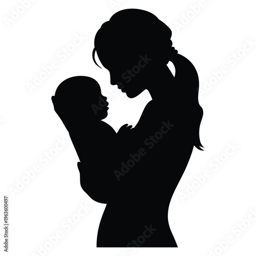 A tender moment captured mother gently holding her newborn baby a striking silhouette