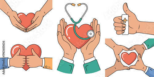 Hands holding red heart symbol with stethoscope and thumbs up gesture in medical care.