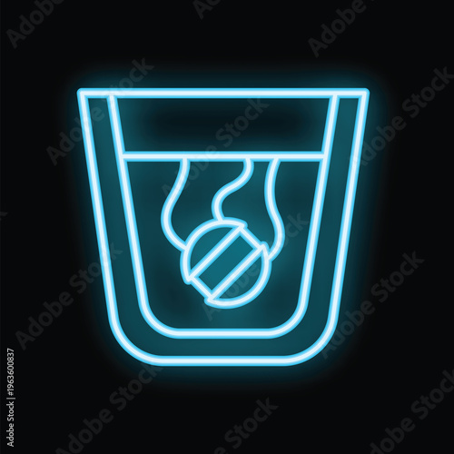 Neon blue icon of a glass with an effervescent tablet dissolving in water, isolated on a black background