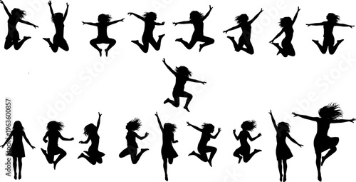 Silhouette collection of people in dynamic jumping poses, energetic movement illustration, human motion expression, isolated vector design